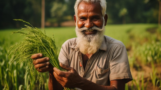 photo d'un agriculteur indien d'âge moyen récoltant le riz mûr généré par l'IA