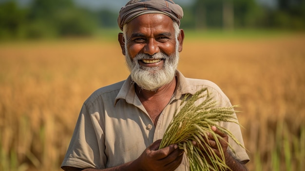 photo d'un agriculteur indien d'âge moyen récoltant le riz mûr généré par l'IA