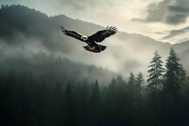 Photo d'un aigle au-dessus de la forêt dans la brume Haute qualité