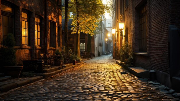 Une photo d'une allée pavée de vieux bâtiments en brique