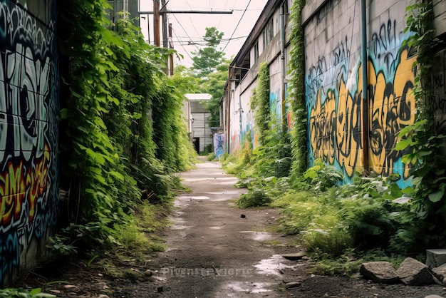 Photo d'une allée urbaine abandonnée avec un mur couvert de graffitis