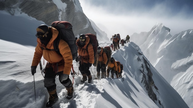 Photo photo des alpinistes atteignant le sommet de l'everest