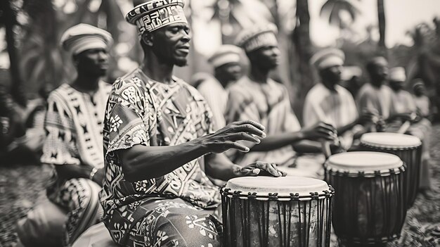 Photo d'amis jouant à des jeux de tambours traditionnels lors d'un pique-nique à Gh Activités familiales Travail Soins