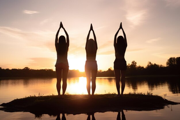 Photo d'amis de yoga pratiquant dans un groupe au coucher du soleil créé avec une IA générative