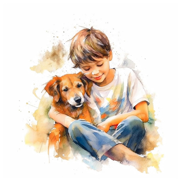 Photo d'une amitié aquarelle colorée saluant un garçon mignon avec un chien sur fond blanc