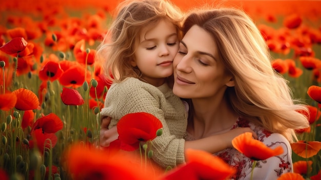 Photo de l'amour de la mère et de la fille dans le magnifique paysage naturel de fleurs de pavot