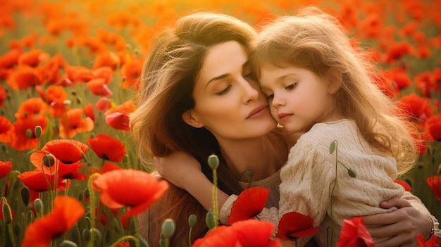 Photo de l'amour de la mère et de la fille dans le magnifique paysage naturel de fleurs de pavot