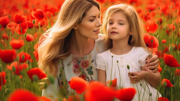 Photo de l'amour de la mère et de la fille dans le magnifique paysage naturel de fleurs de pavot