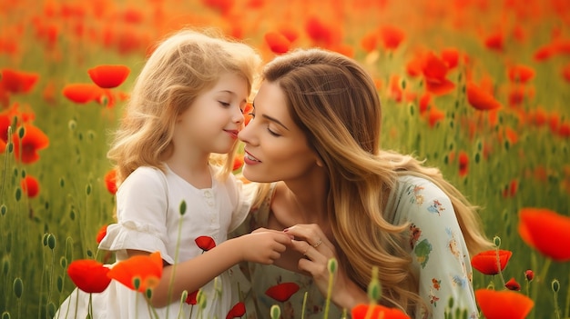 Photo de l'amour de la mère et de la fille dans le magnifique paysage naturel de fleurs de pavot