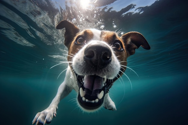 Photo amusante sous-marine de jack russel terrier Vacances d'été avec illustration d'IA générative pour animaux de compagnie