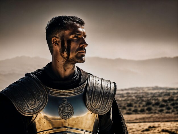 photo d'un ancien guerrier masculin fort avec une armure romaine teintée d'IA générative