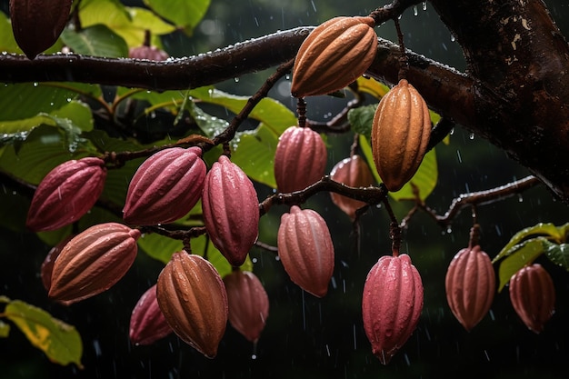 Photo une photo d'angle bas d'un cacao avec des fèves de cacao en fleurs