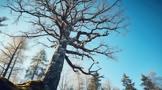 Photo à angle bas d'un chêne sans feuilles contre le ciel bleu Début du printemps finlandais Concept de silhouette de conservation de la nature