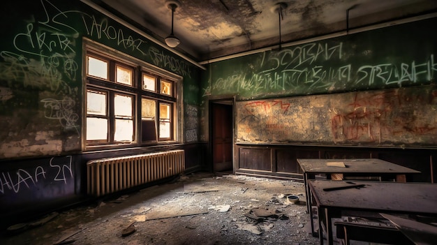 Une photo en angle bas d'une salle de classe abandonnée se concentrant sur le plafond délabré et la peinture écaillée avec le tableau noir en arrière-plan