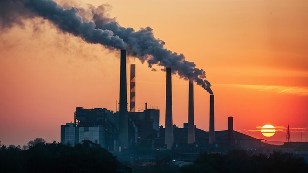 Une photo d'angle bas d'une usine avec de la fumée et de la vapeur sortant des cheminées prise au coucher du soleil