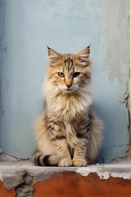 Une photo d'animal d'un chat assis près du mur