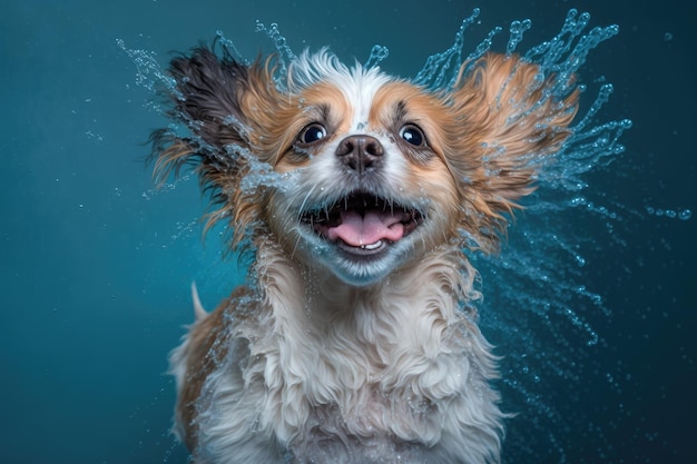 Photo d'animal chien heureux prenant une douche hoding AI générative