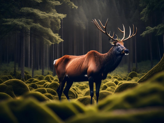 Photo d'un animal Elk debout dans une forêt vert foncé capturé avec un appareil photo reflex numérique