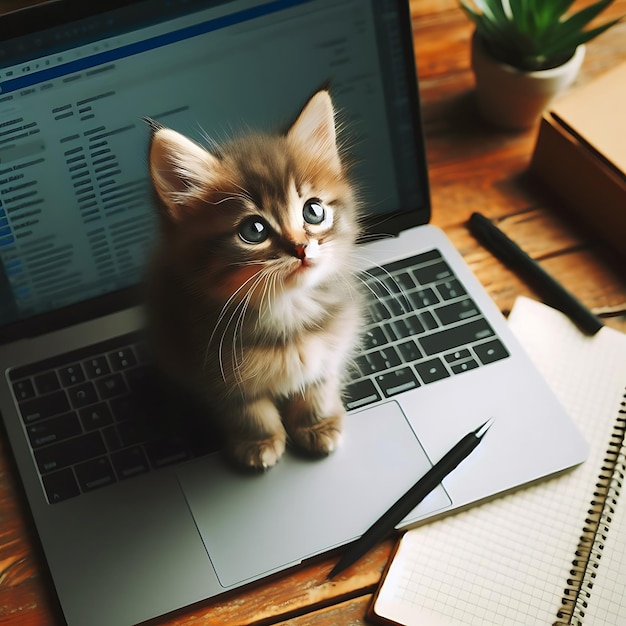 Photo d'un animal portant un chapeau assis à un bureau avec un ordinateur portable devant lui