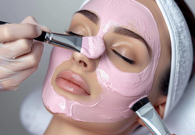 Photo de l'application d'un masque rose pour le traitement du visage et le traitement de beauté