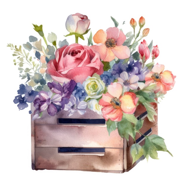 Photo aquarelle d'une boîte en bois avec des fleurs