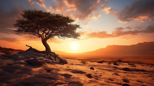 Photo d'un arbre dans le désert avec le soleil qui se couche derrière lui