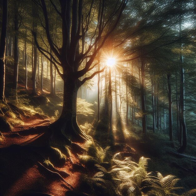 Photo d'un arbre dans la forêt avec le soleil brillant à travers les arbres