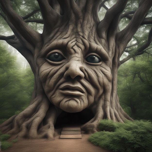 Photo arbre fantastique géant avec un fond de visage