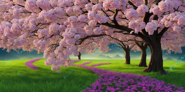Une photo d'un arbre de fleurs de cerisier avec des fleurs violettes sur le sol.
