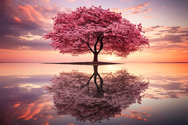 Photo d'un arbre en fleurs de cerisier réfléchi dans l'eau