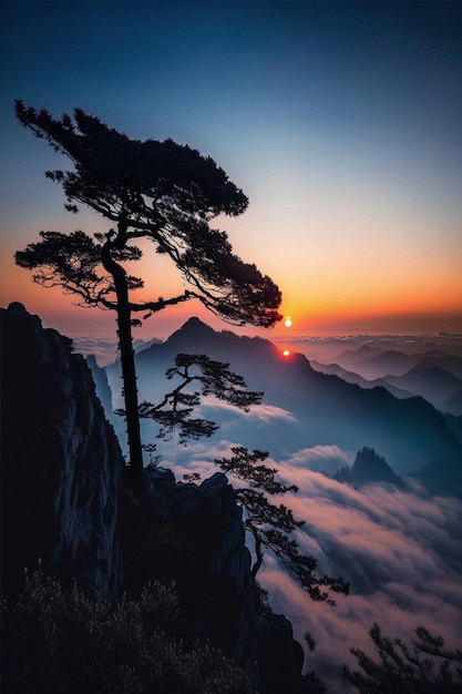 Une photo d'un arbre sur une montagne avec le soleil couchant derrière lui.