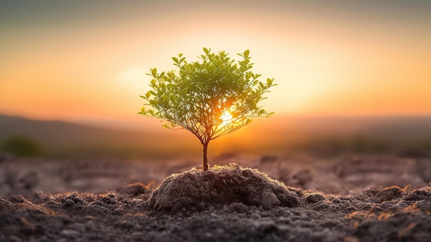 Photo photo d'un arbre poussant sous le ciel au coucher du soleil entouré d'herbe