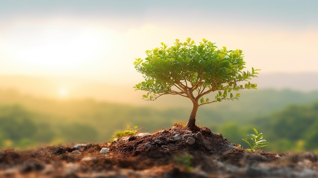 Photo photo d'un arbre poussant sous le ciel au coucher du soleil entouré d'herbe