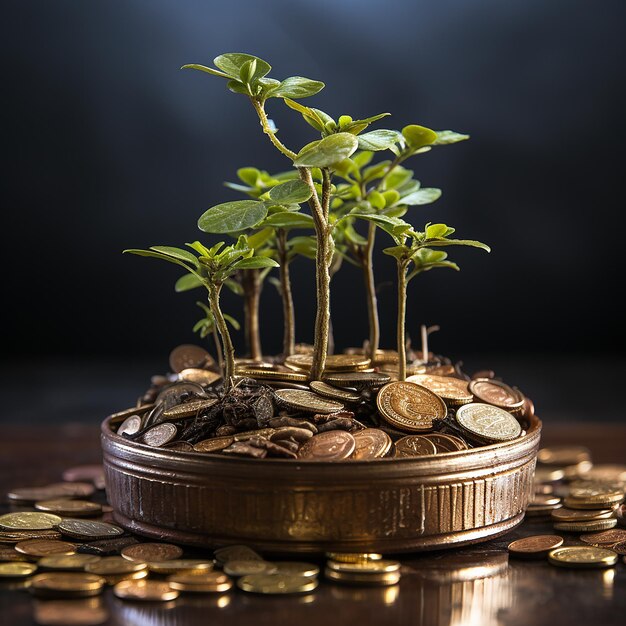 photo un arbre pousse sur une pièce de monnaie dans un bocal en verre avec espace de copie entreprise sur l'art d'investissement de concept de pièce de monnaie