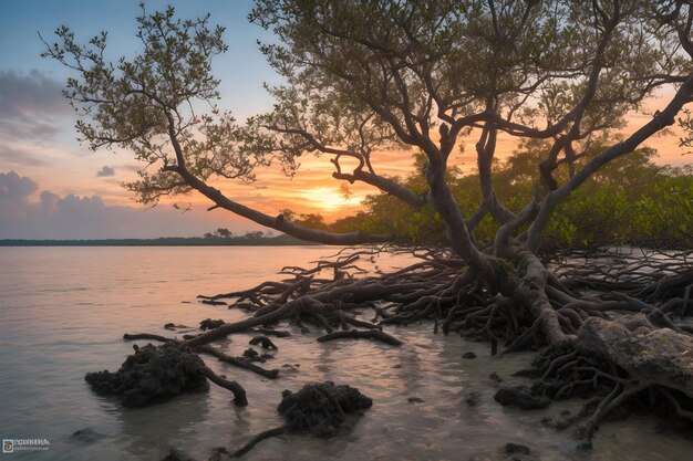 Photo photo d'arbres de mangrove et de coraux à la plage de tanjung pinggir sur l'île de batam au coucher du soleil générée par ai