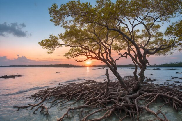 Photo photo d'arbres de mangrove et de coraux à la plage de tanjung pinggir sur l'île de batam au coucher du soleil générée par ai