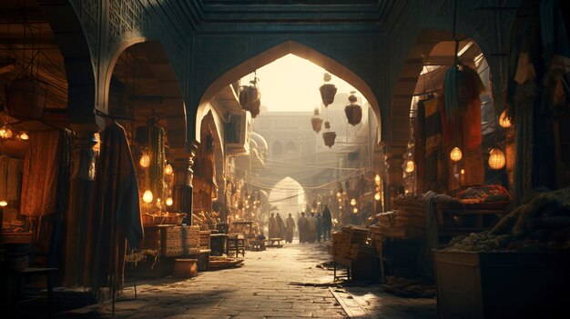 Une photo d'une arche islamique traditionnelle dans une rue animée