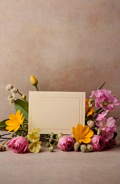 photo d'arrangement de fleurs de printemps avec une carte vide