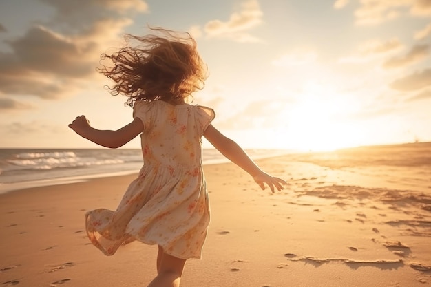 Photo une photo arrière d'une fille heureuse courant sur la plage au coucher ou au lever du soleil.