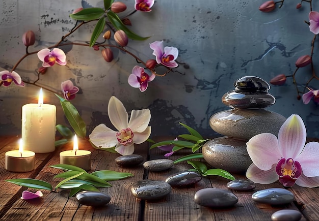 Photo d'arrière-plan d'aromathérapie de spa avec un espace et des produits cosmétiques de pierres zen d'orchidée
