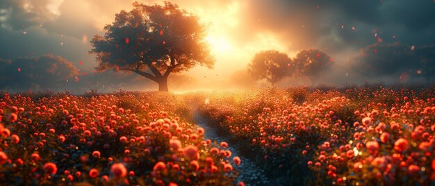 Photo d'arrière-plan de champ de roses arbres chemin brumeux et une clairière mystérieuse en été Une scène paisible avec un espace de copie vide Une route traverse des collines à un conte de fées