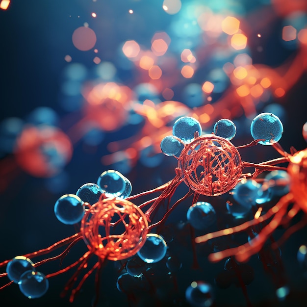 Photo d'arrière-plan médical 3D avec des cellules virales et une chaîne d'ADN