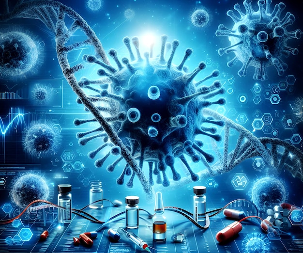 Photo photo d'arrière-plan médical 3d avec des cellules virales et une photographie de fil d'adn