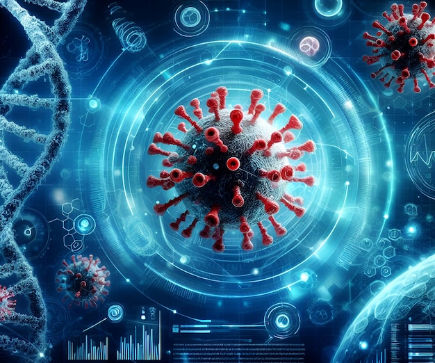 Photo d'arrière-plan médical 3D avec des cellules virales et une photographie de fil d'ADN