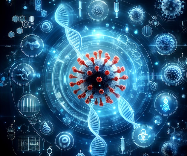 Photo d'arrière-plan médical 3D avec des cellules virales et une photographie de fil d'ADN