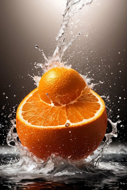 Photo d'art créative de l'orange tombant dans l'eau avec des éclaboussures