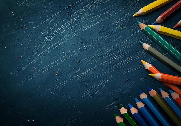 Photo photo d'articles de papeterie scolaire, de livres de fond éducatifs avec des crayons de couleur