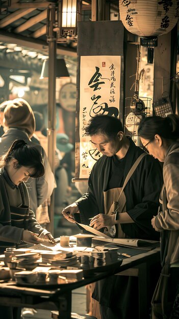 Photo d'artistes calligraphistes créant de beaux scripts dans une communauté de soins d'emploi du marché I Market