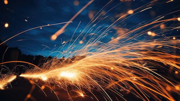 Une photo artistique de feux d'artifice avec une longue exposition créant une belle traînée de lumières dans le ciel