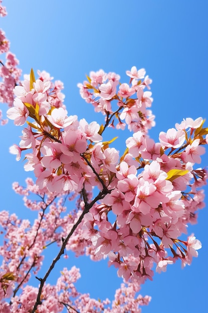 Une photo artistique de fleurs de cerisier sous un angle bas avec un ciel bleu clair en arrière-plan